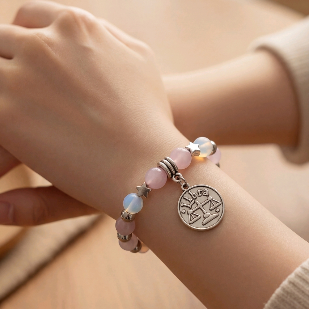 Libra Charm Bracelet in Pink Kunzite and Opalite. 6.5" Genuine Crystal Beads.